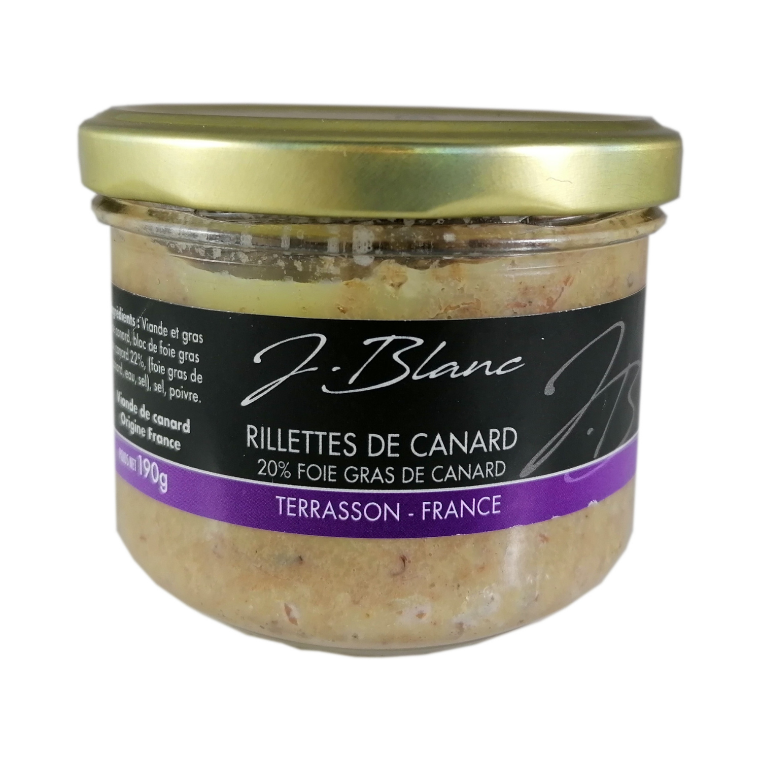 produit Rillettes de canard 20% foie gras de canard 190g j.blanc